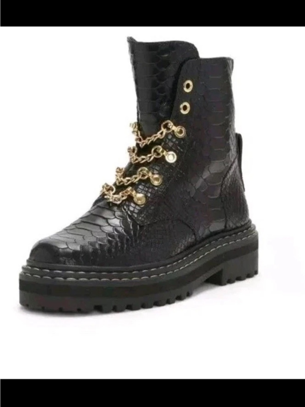Vince Camuto Black Snake-Embossed Combat Boot with Gold Chain